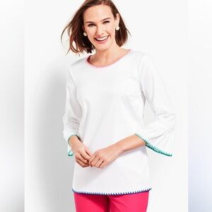 Talbots Ladder stitch top white embroidered hem bell sleeves Large NWT(flawed)